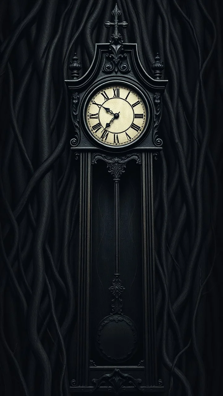 An old antique grandfather clock in the background of black vein, human veins, mixing together a lot of them, like a forest, big and small veins a lot of them, a shadow of hooded black ghost
