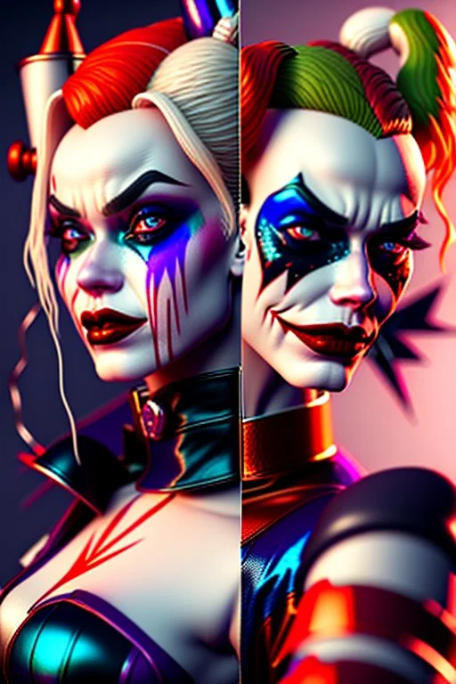 Harley Quinn and joker, high delicate defined details, beautiful, atmospheric, matte, 3 d 8 k octane rendered, sharp focus, illustration, high detail, ultra realistic, highly saturated colors