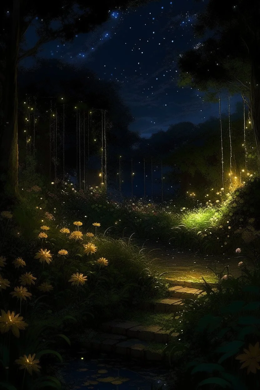 generate me an image of luxurious gardens with tall overflowing foliage and beautiful flowers at night with fireflies