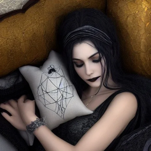 woman asleep on satin pillow with spiderwebs on face and mascara running down cheeks, gothic, 8k, high-quality, fine-detail, intricate, sharp, crisp, digital art, detailed matte, illustration, octane render, brian froud, howard lyon, Anne Dittman, Anne Stokes, Lisa Parker, Selina French