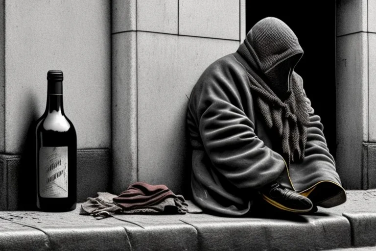 One single mature homeless penguin with worn out clothes, sitting in a corner on the street, wine bottle , Vienna, mourning, model style, hyper realistic, extremely accurate, delicate, extremely detailed, Graphic novel style, wide-angle, open aperture, superfine pencil