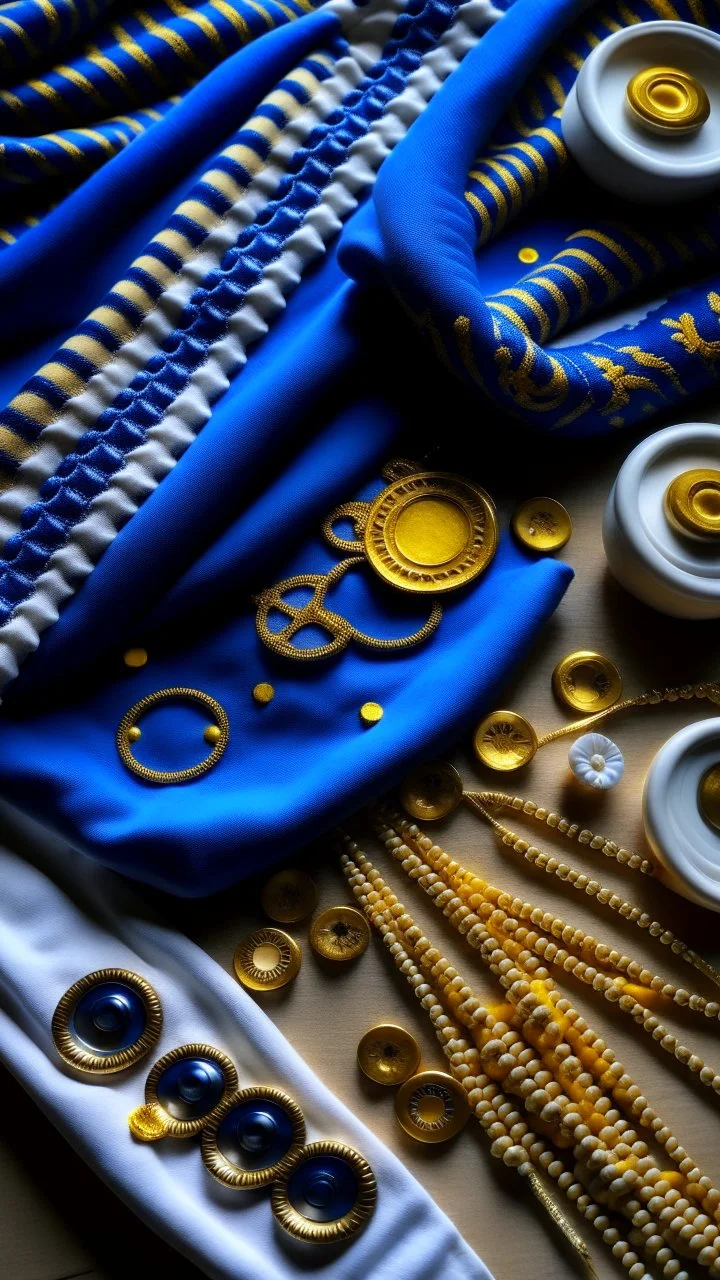 sewing aesthetics, blue, white, gold