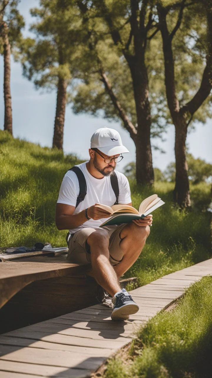 A man wears a white Dad Hat and wears glasses and is busy reading with a tree behind him, high resolution, and the image focuses on the Dad Hat