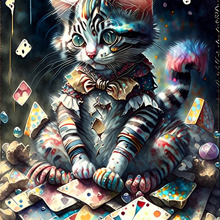 Cute little Harlequin cat patchwork art by cameron gray epic poster, Hyper realistic cat clown. sits on a pile of fish bones watercolor painting, Jean-Baptiste Monge style, bright, beautiful in spring, splash, big perfect eyes, rim lighting, lights, magic, fantasy, digital art, wlop, artgerm and james jean Modifiers: 8k cinematic lighting photorealistic 4K 3D crisp quality hdr Ultra realistic Gian Lorenzo Bernini Geometric and cubist