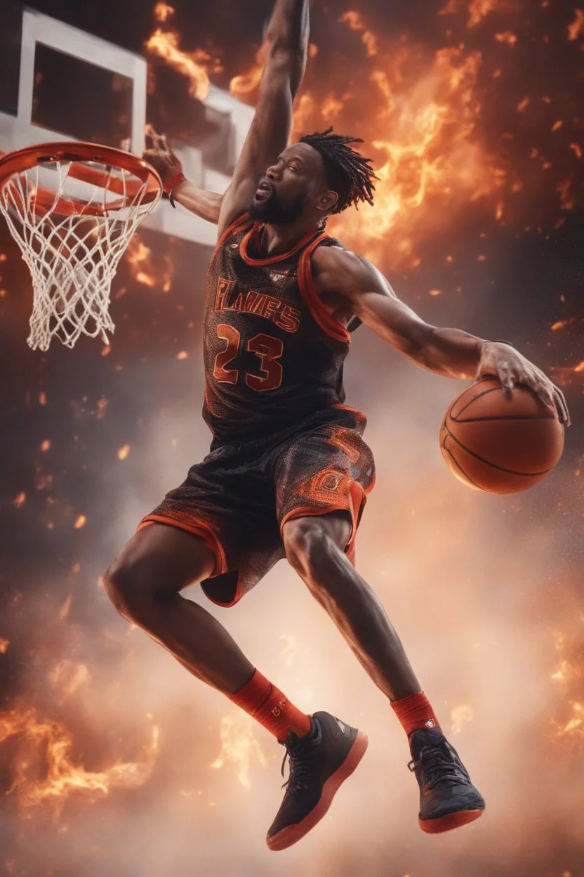 8k, highly realistic and detailed image of a NBA basketball player in action dunking the ball in the net, sweaty hair, screaming look,action and smoke and flames background