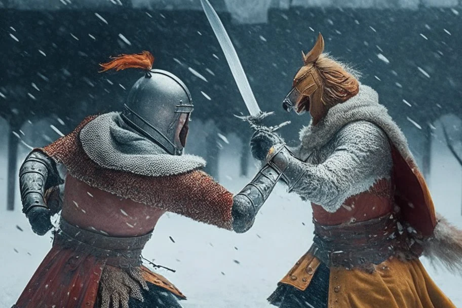 having a bloody sword fight in the snow