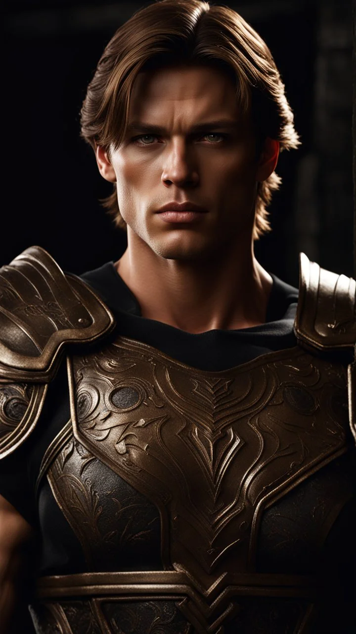 ultra realistic photograph of a muscular male warrior with short light brown hair and steel gray eyes wearing a loose fitting shirt