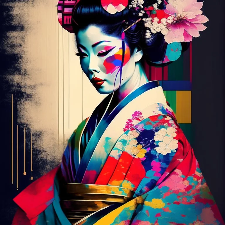 Generate an image of a beautiful geisha wearing a colorful kimono