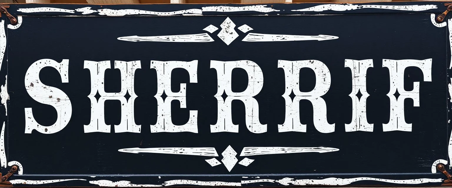 large and wide hand painted old western sign that reads: "SHERRIF" white on black with inset boarder stripe in white aged
