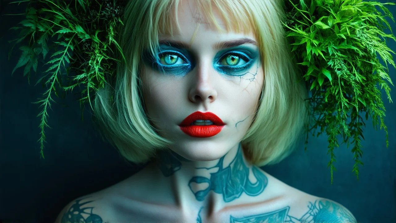 old retro photography, faded vignette, worn and cracked, double exposure, surrealism, blonde humanoid from another world, red lips, half body, greenish blue pale transparent glowing skin, plants growing out of head, tattoo, alien transparent eyes, hyperdetail, double exposure, Anna Razumovskaya, Anna Dittmann, Luis Royo, neo-impressionism, expressionism, oil painting. Vivid, detailed and textured brushstrokes reminiscent of Royo and Peter Coulson. Deep colors and dramatic lighting with cinematic