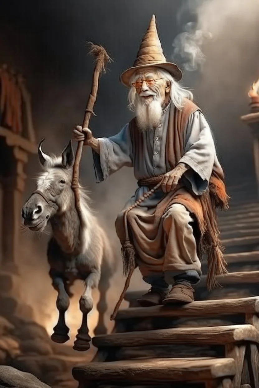 old wizard on donkey walking with a stick up the stairs to heaven, 4 k, down-light, soft light, depth of field, photo realism, trending on art station, high detail, spray paint