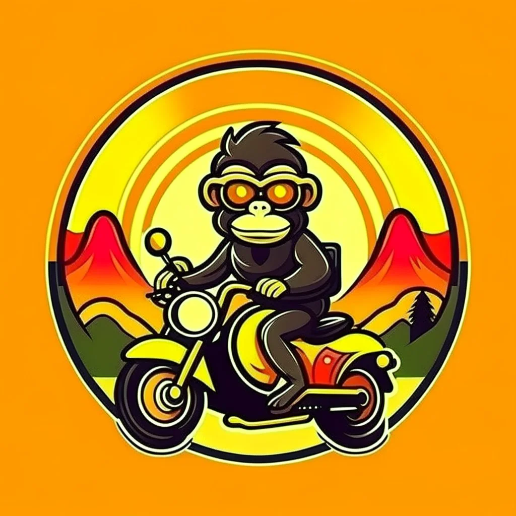 Monkey riding a scooter motorcycle with sunglasses and a big smile, have a mountain sunset on the background, make a round logo