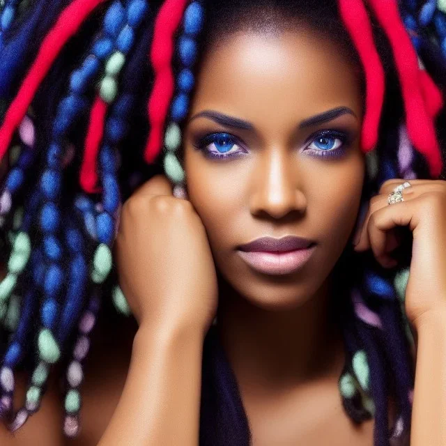 portrait of a beautiful black woman, with dreads, blue eyes, silver skin, colorful hair,