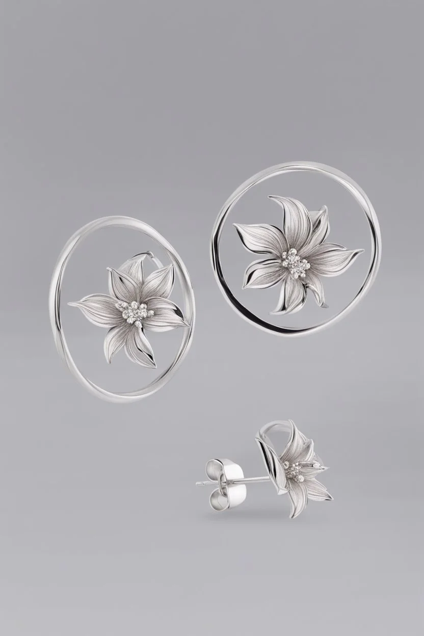 Small white gold earrings in the shape of a circular ring engraved with tiger lily flower