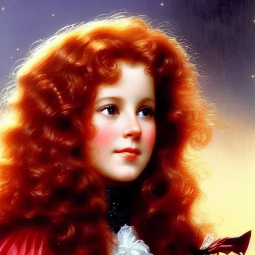 Young robyn lively, meticulously detailed face, meticulously detailed multi-hued long red curly hair; ethereal fantasy. hideo kojima. realistic oil painting. victorian era, glitter, luminous color sparkles, old fashioned, vintage, antique, beautiful, renaissance, 16k