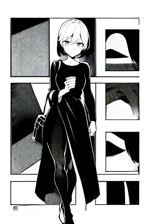 girl walks through portal, manga style, grayscale