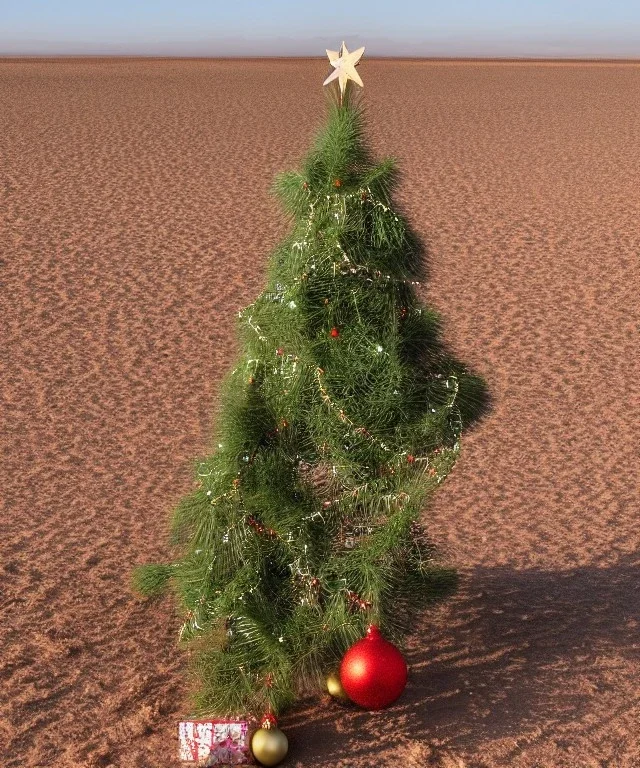 sandy festive Christmas tree in a vast desert with samddunes