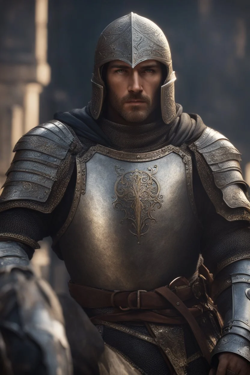 male knight, blind eye, fantasy setting, medieval, year 1800, 8k, high detail, intricate, cinematic background, facing viewer