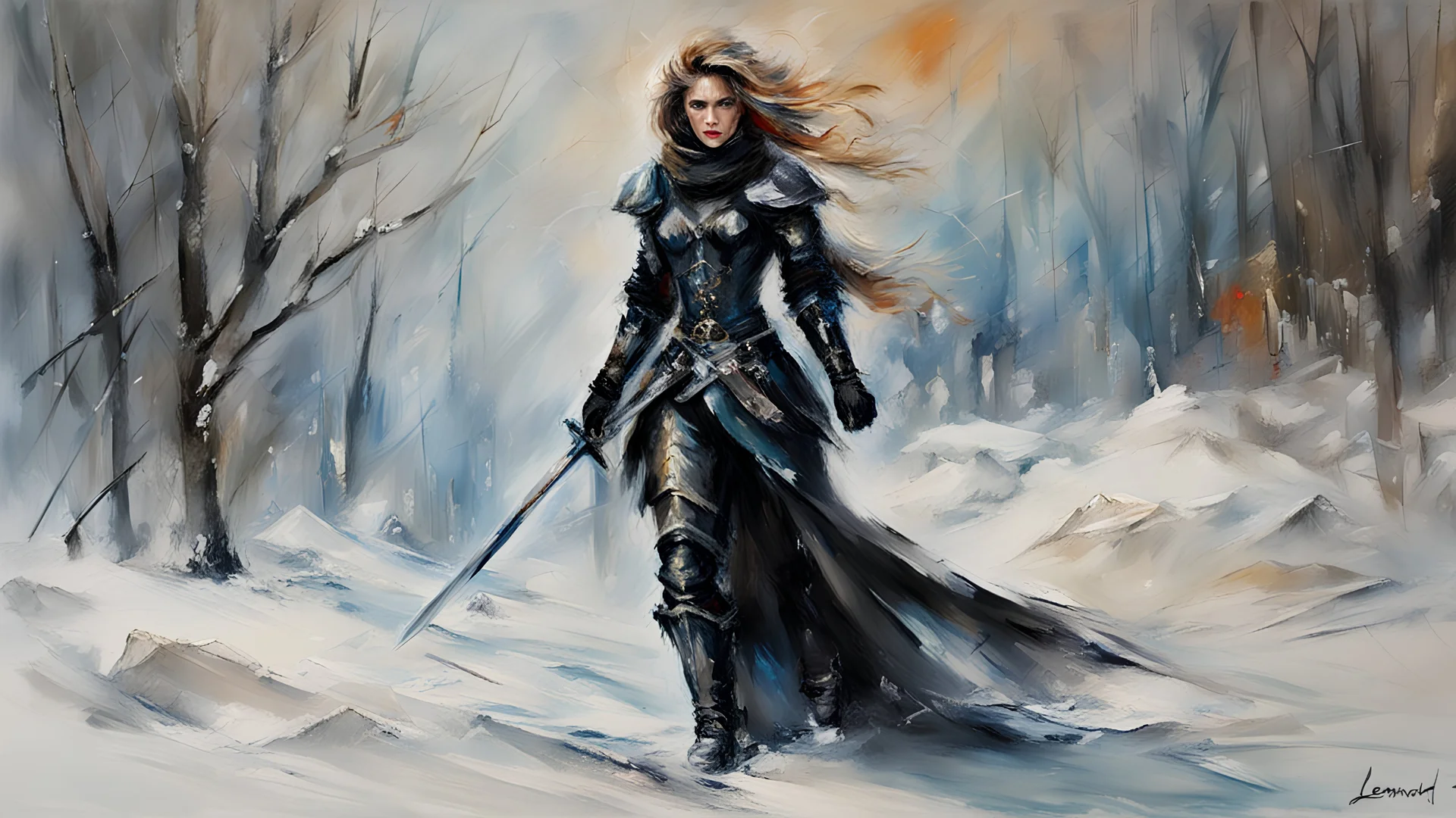 a warrior woman in black armor on the background of a cold snow-covered country, ice and crystal, frost and snow, oil and pastel, by Leonid Afremov & William Kentridge & Anna Razumovskaya