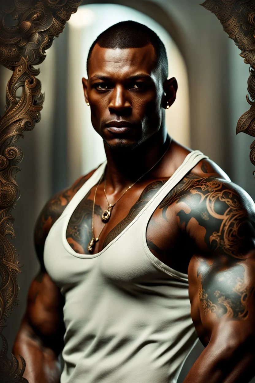 portrait of a 35 year old Handsome muscular mercenary with dark bronze skin adorned with tattoos. photorealistic