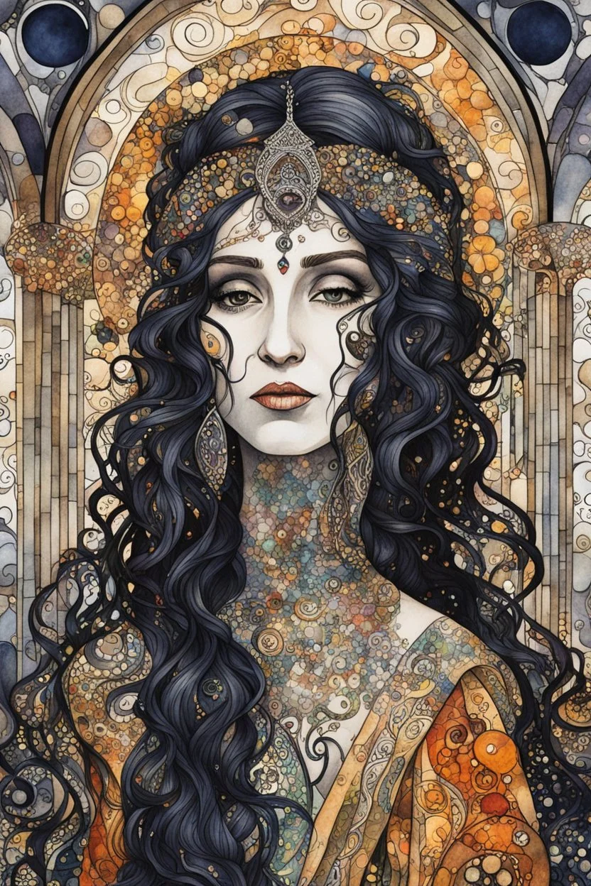 random watercolor Zentangle patterns in the styles of Gustav Klimt ,Wassily Kandinsky, Alphonse Mucha, and Kay Nielsen that depicts an aged and haggard female Spanish bruja, with highly refined facial features, in a darkened cathedral alcove , with fine ink outlining