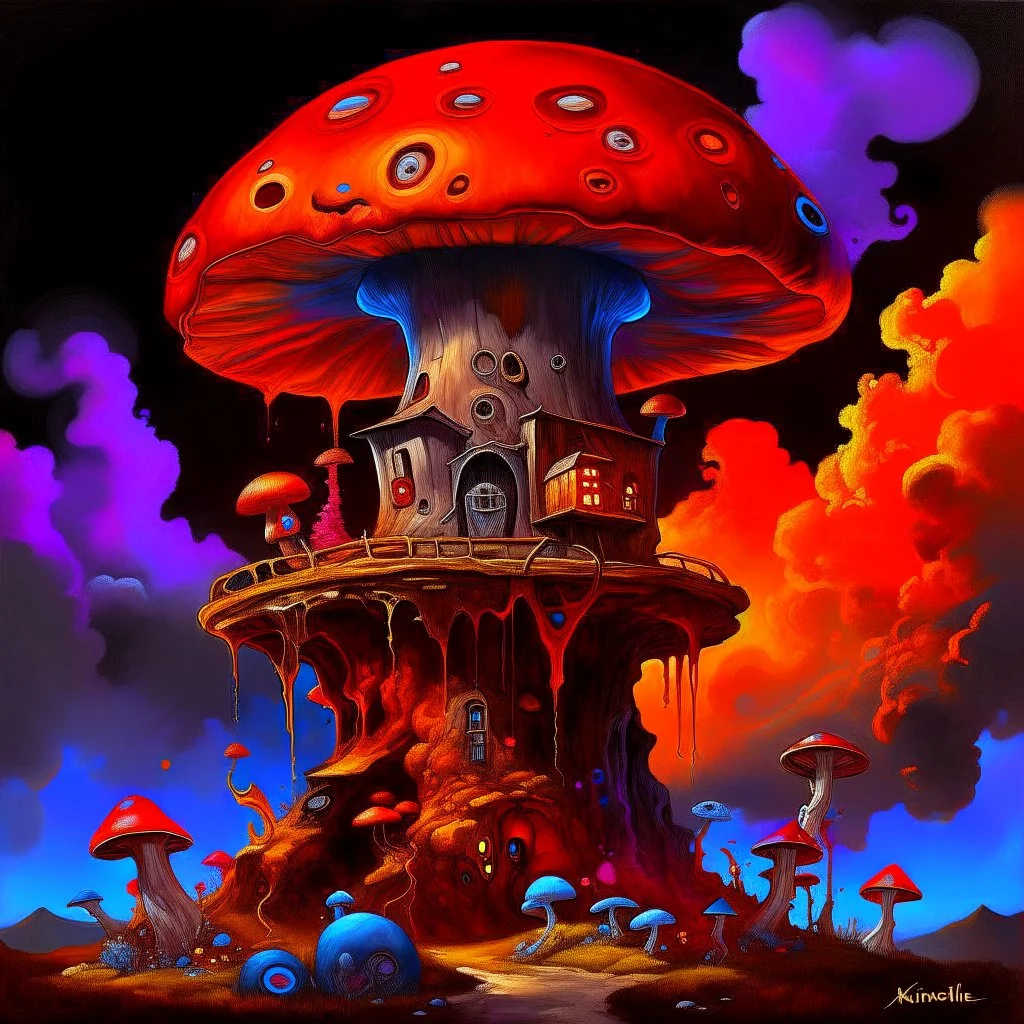 A fantabulous black, orange, and blue (((mushroom tower house))) erected atop a (geologic pillar), surrounded by the uncanny imaginative ((( swirling skies))), offset by the stark hues of a (neon-tinged nebulous space scape), within. captured by the hand a skilled master painter with a focus on (softly blurred compositions and voluminous lighting).