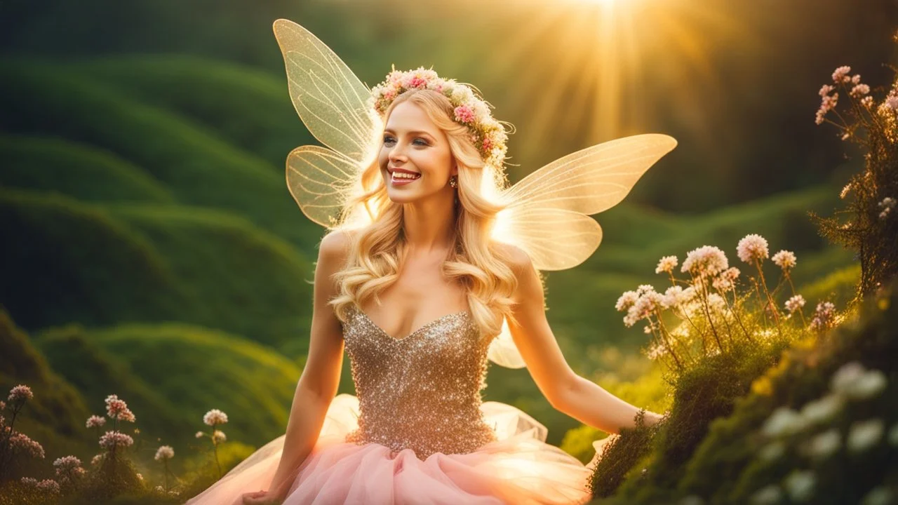 A gorgeous smiling blonde model in a fairy outfit with great glittering wings in a hills of flowers with 1000 y/o trees, a small torrent, loads of mini flowers, moss, sun rays through the branches, particles in the air at spring