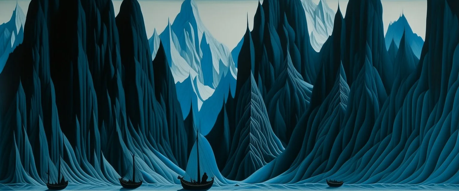 Dark cyan frigid fjords with a frozen peak designed in Javanese shadow puppets painted by John Brack