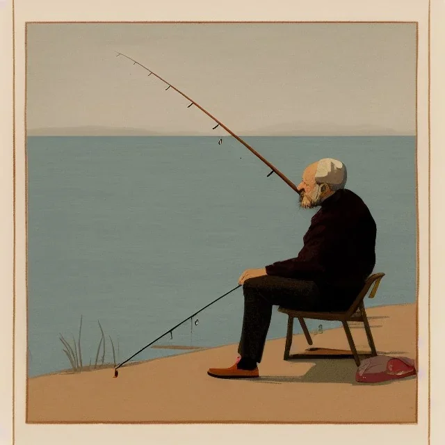 homme entrain de pêcher, vue éloigné, de coté, position assise, réaliste