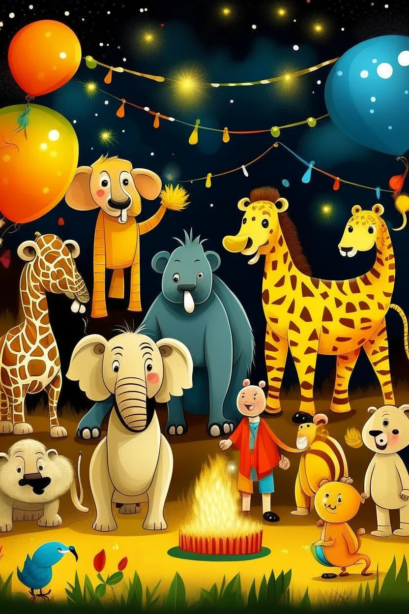 new year celebration fireworls family animals, elephant, bees, lion, bear, giraffe, tiger, peacock, panda