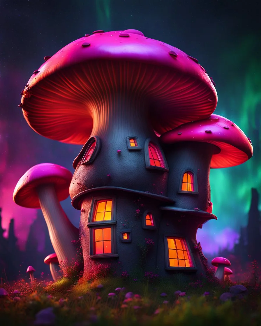 An asymmetrical mushroom house in the night sky. in space. Bright Bold Bright Colors, pink orange green, Stark Dark background. Detailed Matte Painting, deep color, fantastical, intricate detail, splash screen, hyperdetailed, insane depth, Fantasy concept art, 8k resolution, trending on artstation, Unreal Engine 5, color depth, Deep Colors, backlit, splash art, dramatic, splash art Style. High Quality, Painterly, Whimsical, Fun, Imaginative, Bubbly, good detail, perfect composition,