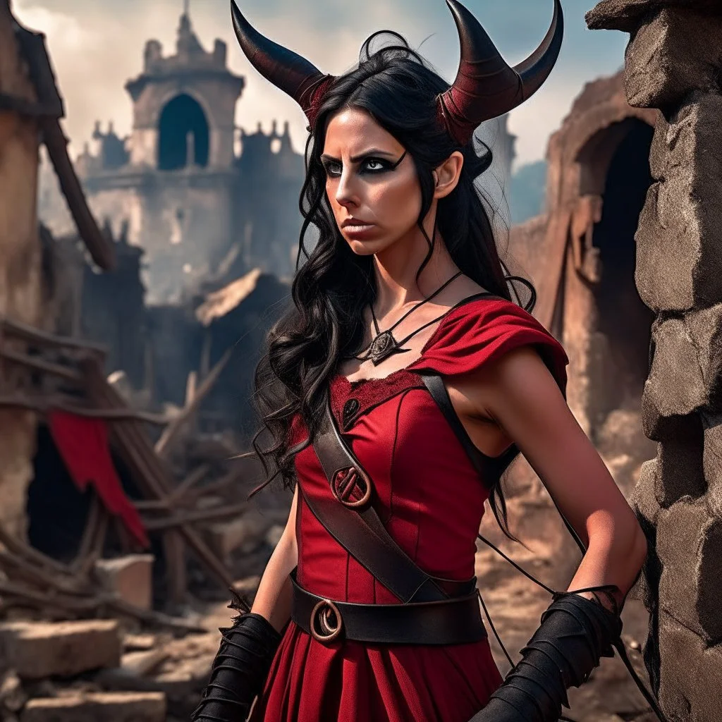 a beautiful tiefling woman with dark hair in a sleeveless battle outfit, amidst the ruins of a medieval town destroyed by war, photo quality, dark red colors