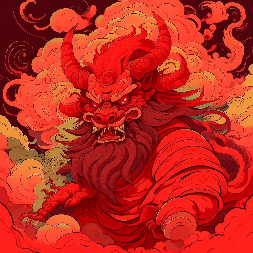 An orangish red Japanese Oni kingdom in Expressionism art style with swirling smoke