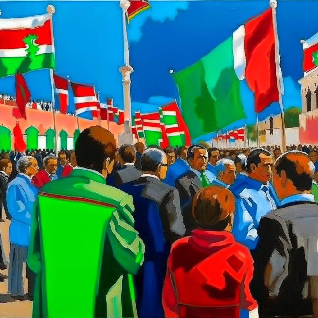 painting people watching Libyan flags