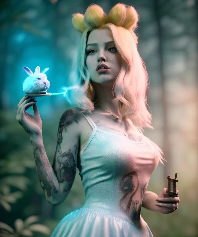 Ultra realistic wonderland photo, happy blonde Alice smoking a pipe, blue dress, white rabbit pet, circus dress style, old school tattoo, smoke, marijuana garden, glow eyes, perfect iris, soft color, highly detailed, unreal engine 5, ray tracing, RTX, lumen lighting, ultra detail, volumetric lighting, high definition.