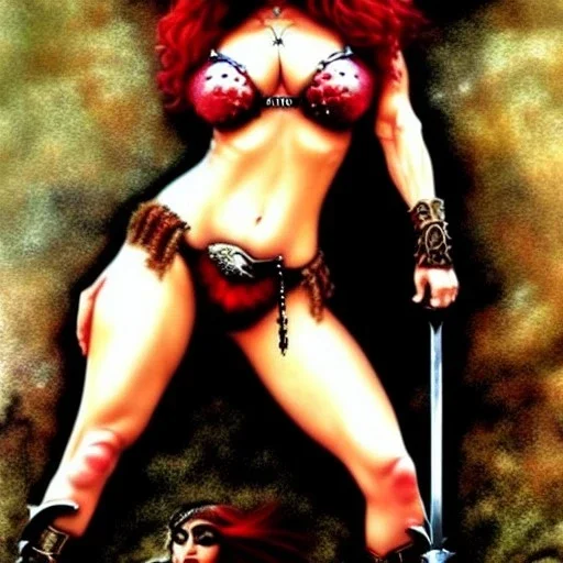 Epic full body picture portrait of busty atletic young beautiful Red Sonja Bear Rider Luis Royo styles