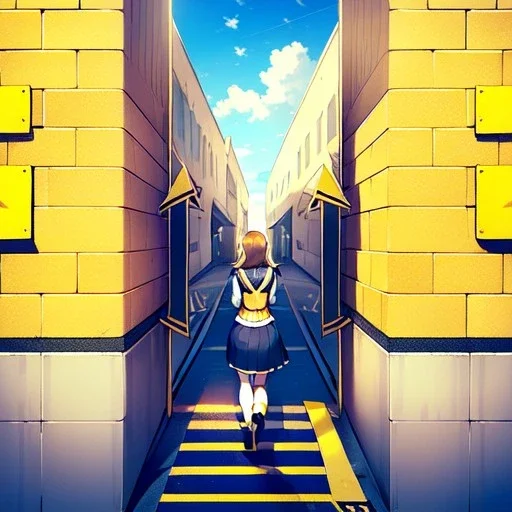 anime girl walking down a yellow brick road, shooting a recurve bow with arrow , road signs, arrows, direction into the street, back facing,detail on yellow bricks