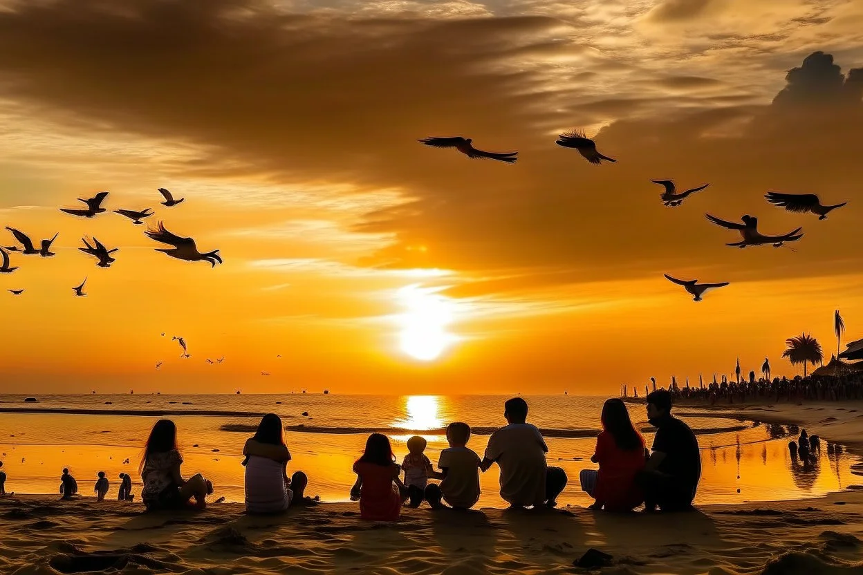 families sitting on a beach lagoon, birds in the sky, sunset