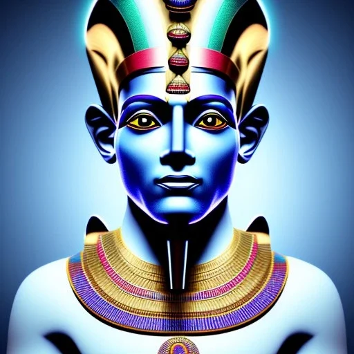 3D close-up of a Egyptian god Anubi, high contrast, glowing backlighting, blue and red backlighting, vibrant hair, dark brown eyes, sharp focus, face painting, background blur.