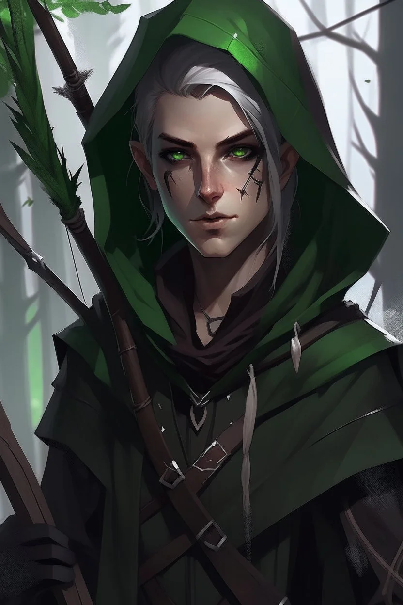 35 year old gender neutral dark rogue wood elf, thief assassin, Mauve hair, messy hair, bright green eyes, brown skin, black hood, black leather, messy, disheveled, trees, sneaky, bow and arrows, tall, skinny