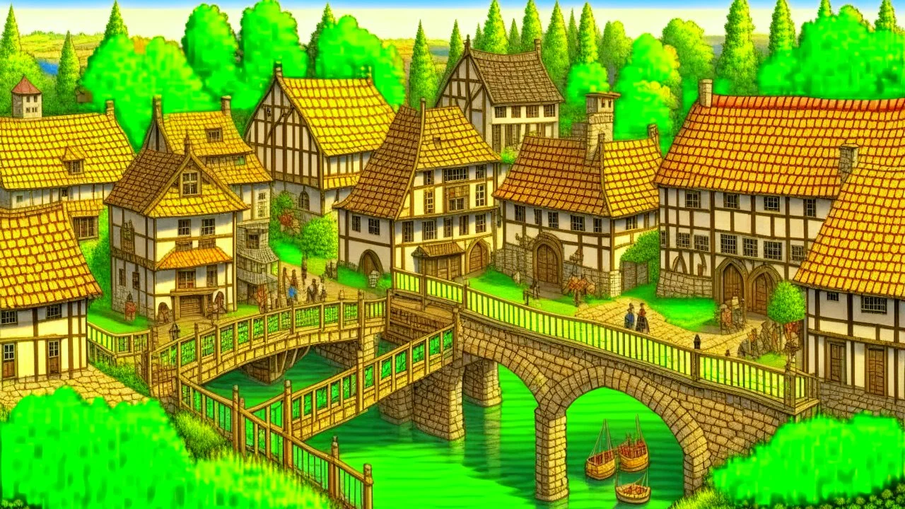 medieval village on a lake with bridges, people, balconies, trees