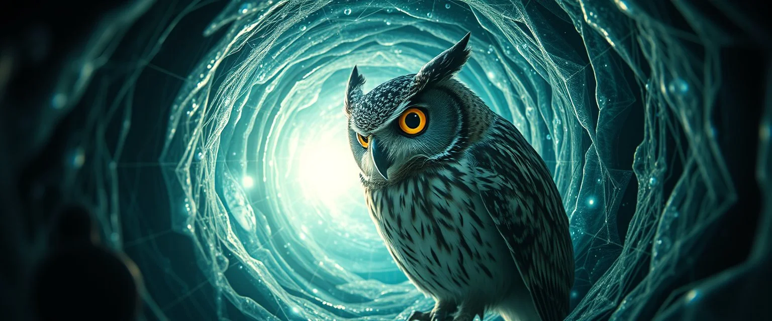 close up of owl abraxas in the fish eye web, interdimensional portal