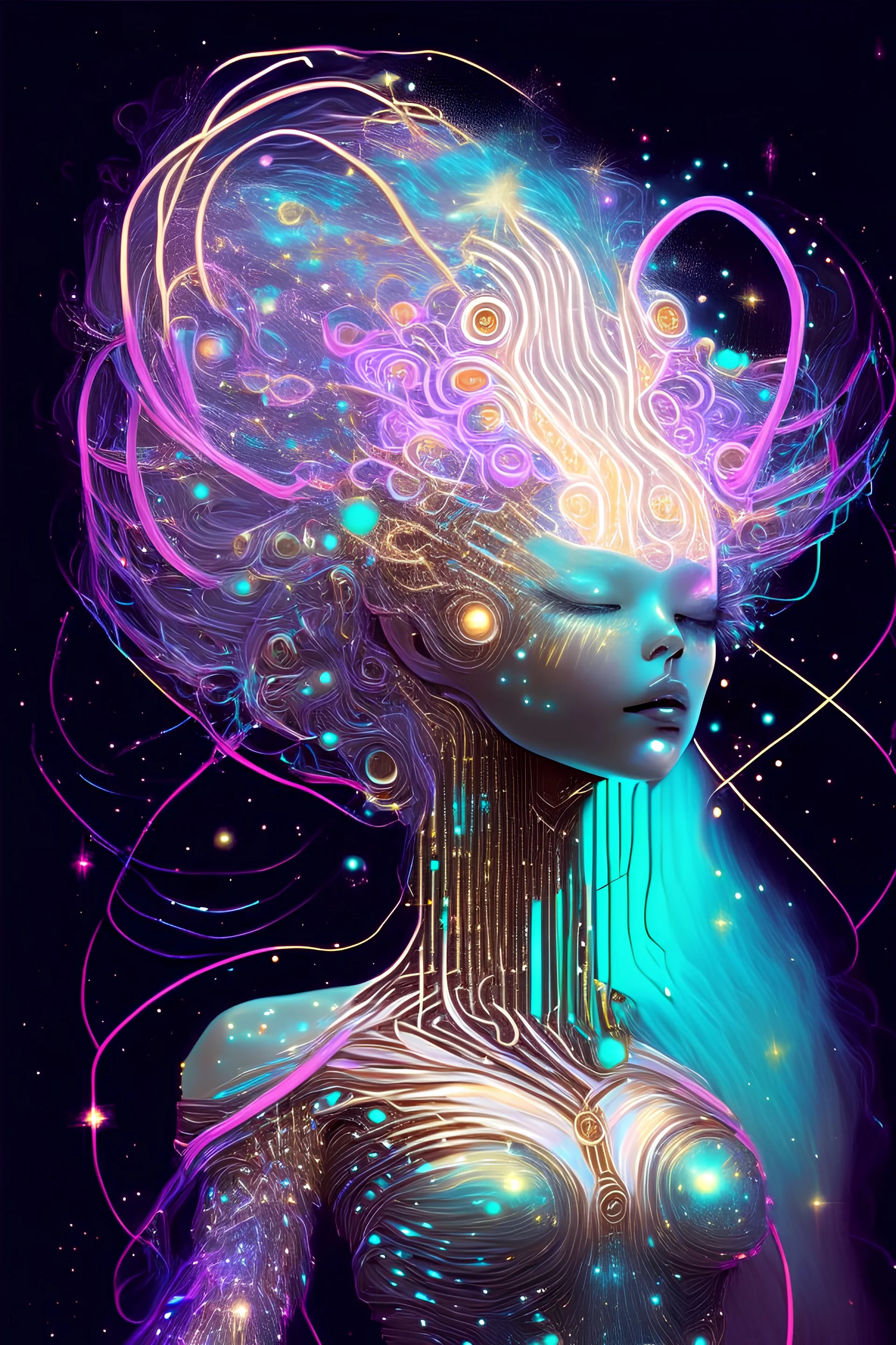 Goddess of music with holographic images, stars, planets, crescent moon, musical notes, musical notation, particles, all floating around her head and body): iridescent turquoise metal, pink and gold optic fibre hair, robot, electric, neon, nebula, light shards, iridescent galaxy metal, glowing tendrils and threads for hair, electric wires, hair swirling and billowing, lighting effects, neon blue synth wave patterns, pearlescent, digital background, shiny