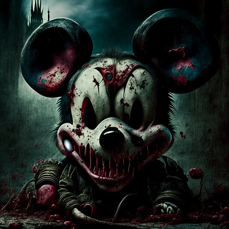 zombie mickey mouse hybrid, photorealism, movie screen capture, horror, sci-fi, evil, hungry, rotted