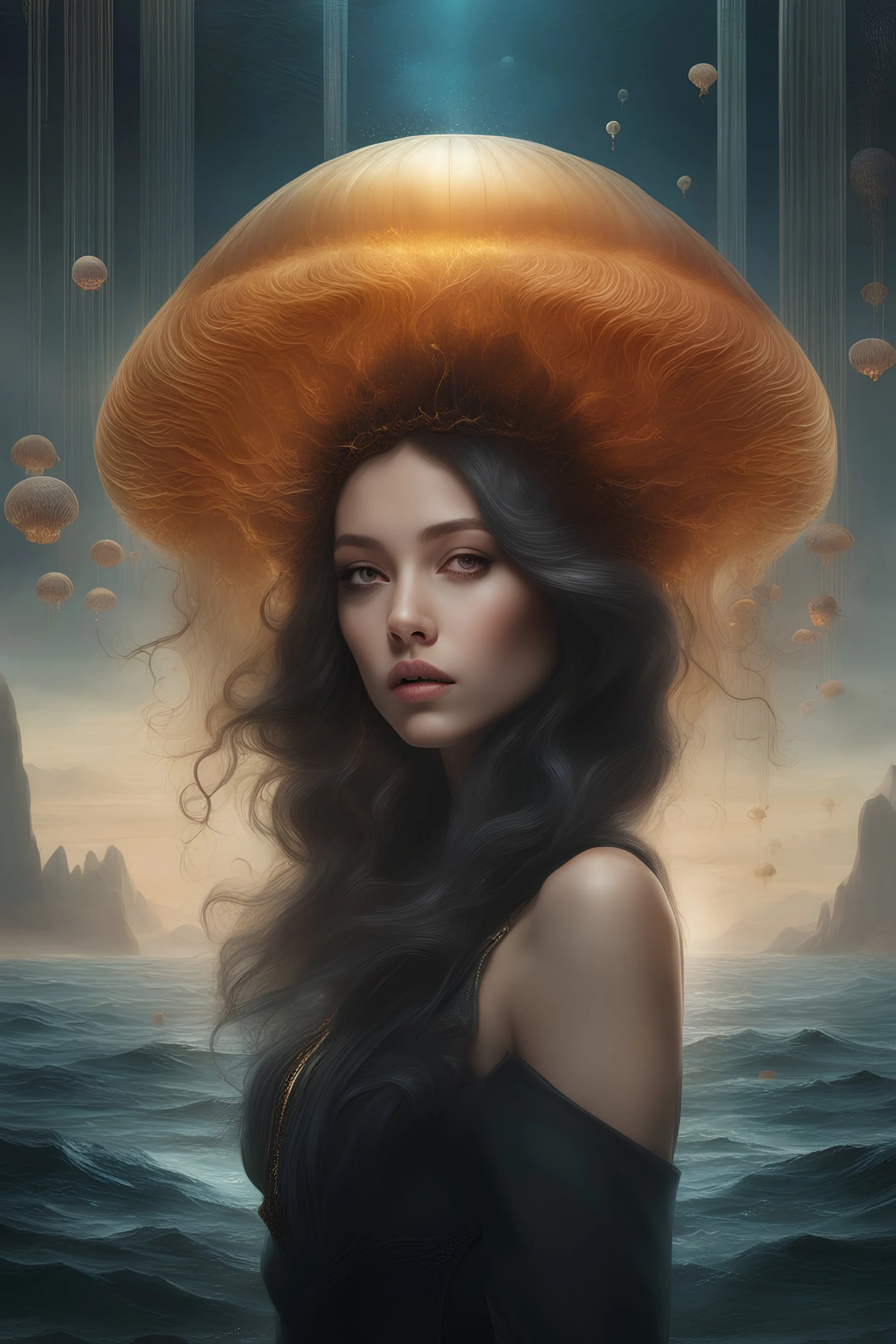 Photo of a girl with jellyfish hair, sf, intricate artwork masterpiece, ominous, matte painting movie poster, golden ratio, trending on cgsociety, intricate, epic, trending on artstation, by artgerm, h. r. giger and beksinski, highly detailed, vibrant, production cinematic character render, ultra high quality model