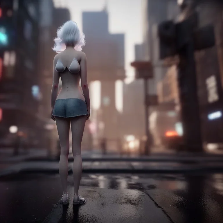 A wide-angle shot of a young, white-haired nymph woman standing on a sidewalk in a cyberpunk city. The woman only has one head, but also a gentle smile.