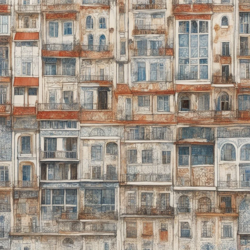 lisbon buildings with azulejos tiles, handrawn style, indie, folksy