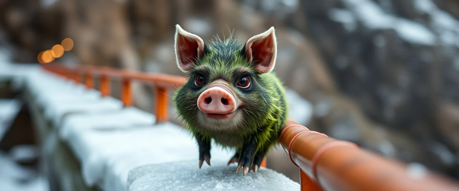 fast and clever cute little evil moss pig named yutt, on icy bridge, motion blur, standing by the guard rails
