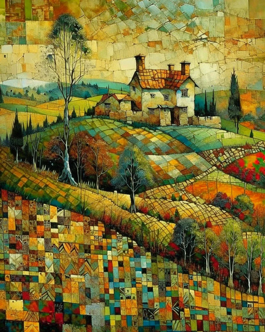 the house on the hill, patchwork art by Jamie Heiden, Peter Doig, Renoir, Pol Ledent, Endre Penovac