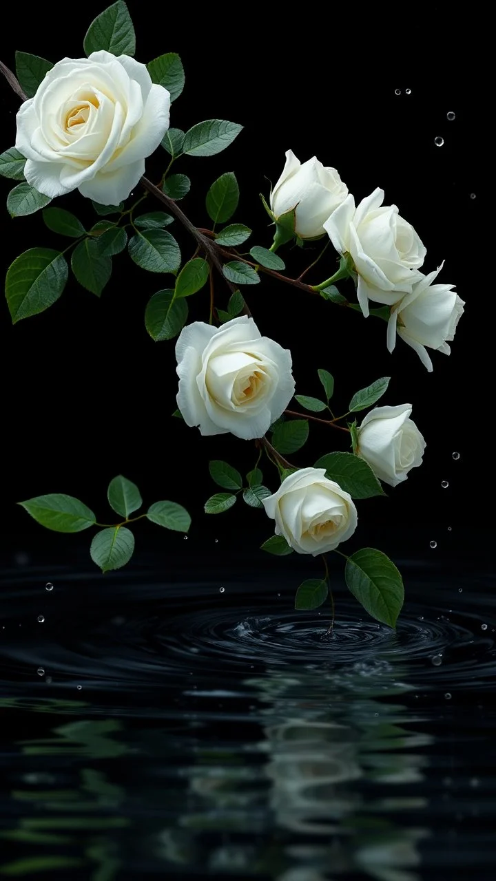 The image is a digital artwork that depicts a branch of tree of white roses and leaves tangling in to a water in the river with aThe rose floats on the surface of the water, creating a wave-like effect. The background is black, which makes a branch of a tree of white roses stand out even more. Water droplets are scattered adding to the dreamy, ethereal quality of the image. The a